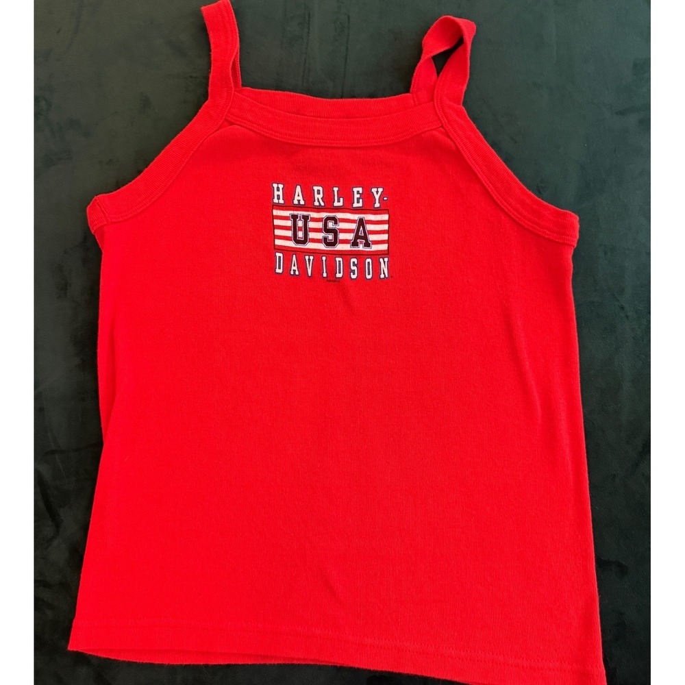 Vintage Harley-Davidson USA Flag Tank Top Womens L Red Ribbed Huntington NY